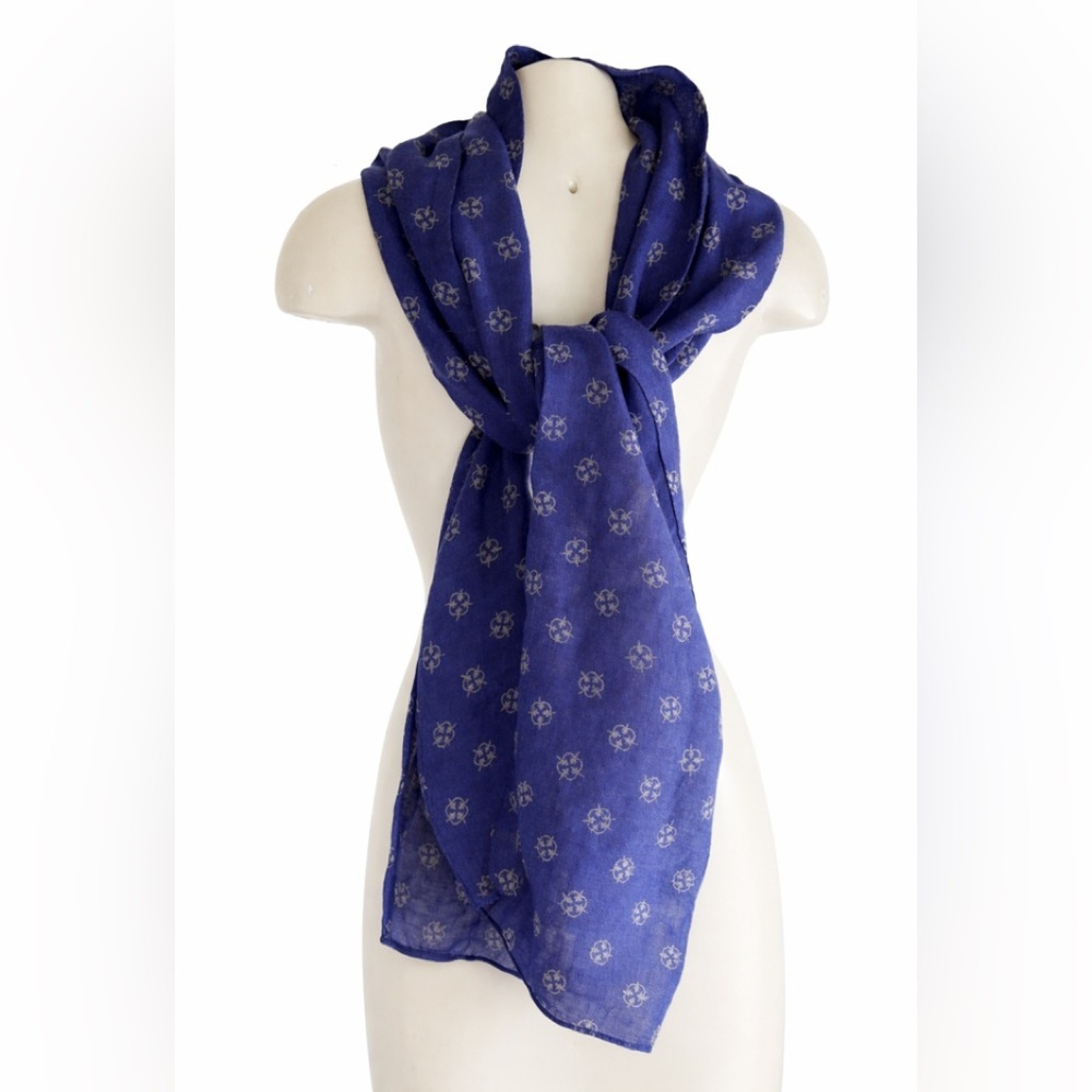 J McLaughlin 100% Wool Long 73” Blue Patterned Scarf